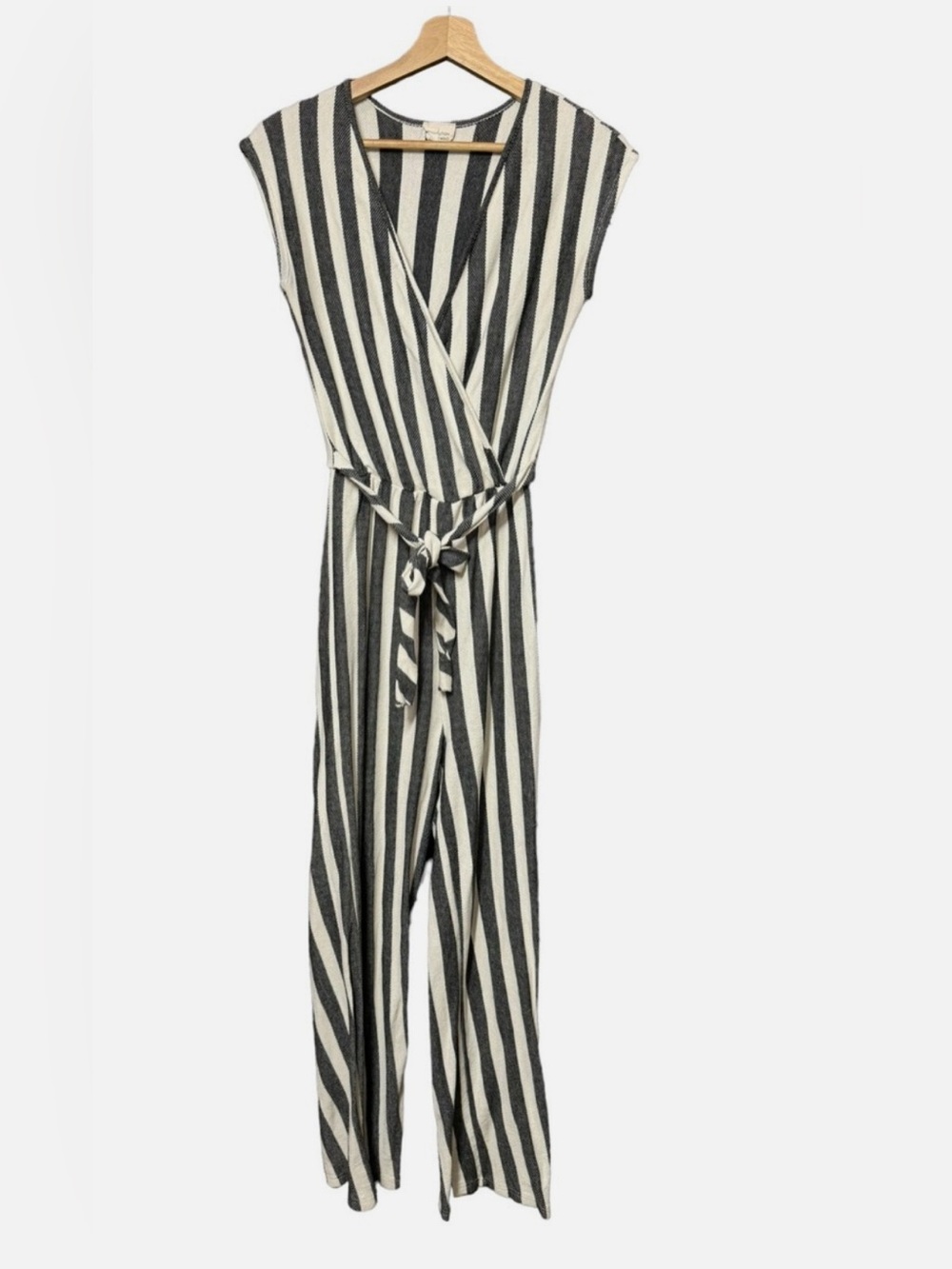 Caution To The Wind Gray & White Vertical Stripe Wrap Jumpsuit